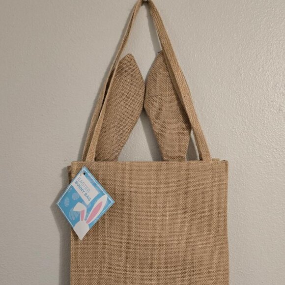 NWT Easter Bunny Embroidered Jute Burlap Sack wit Rabbit Ears Gift Bag 12" x 10" - Picture 5 of 6